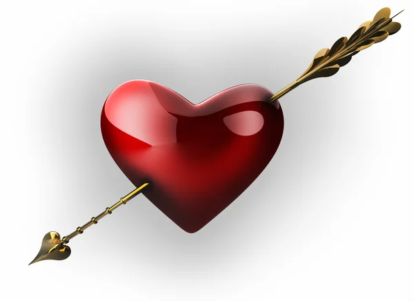 Corazón perforado por una flecha aislada en blanco. Imagen 3D . — Foto de Stock