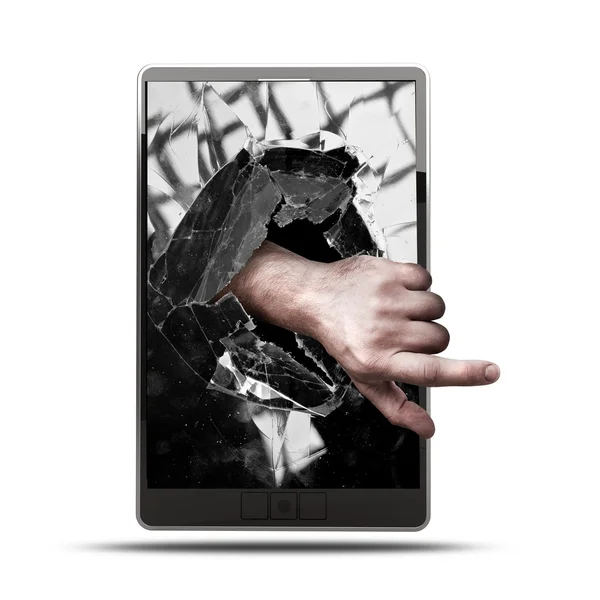 Concept. pad met met gebroken scherm de hand — Stockfoto