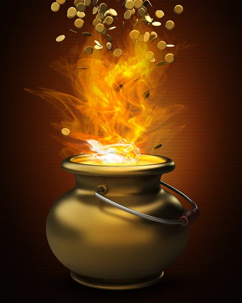 Golden pot full of gold coins in Fire high resolution 3d illustration — Stock Photo, Image