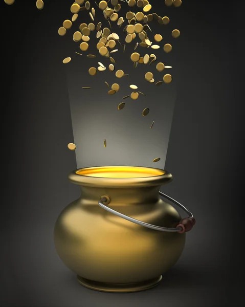 Золотой горшок с золотыми монетами — стоковое фото