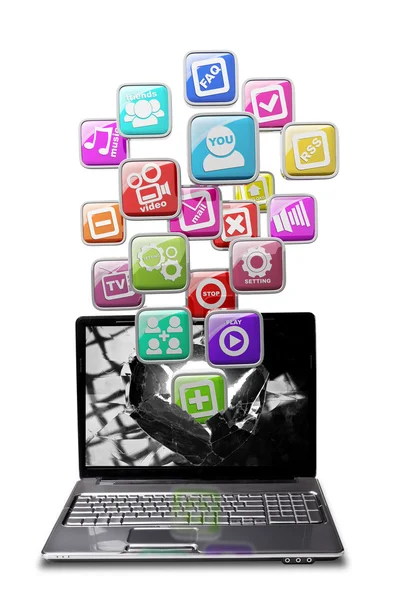 Computermobilität. Laptop mit farbigen Applikationssymbolen — Stockfoto