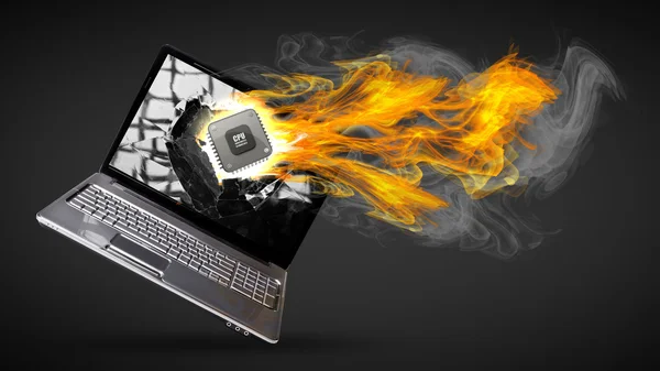 Laptop in Fire. Burning Processor. — Stock Photo, Image