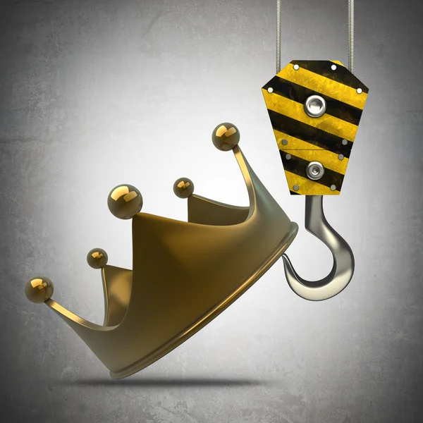 Yellow crane hook lifting golden crown — Stock Photo, Image