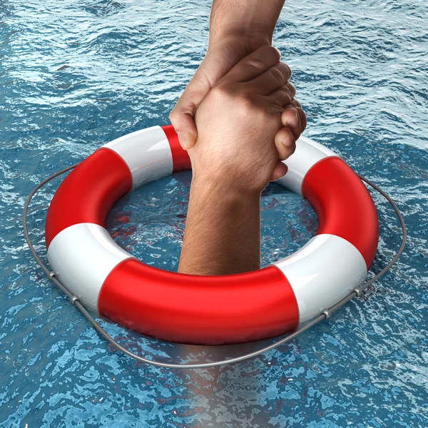 Boya de vida roja con las manos en el agua — Foto de Stock