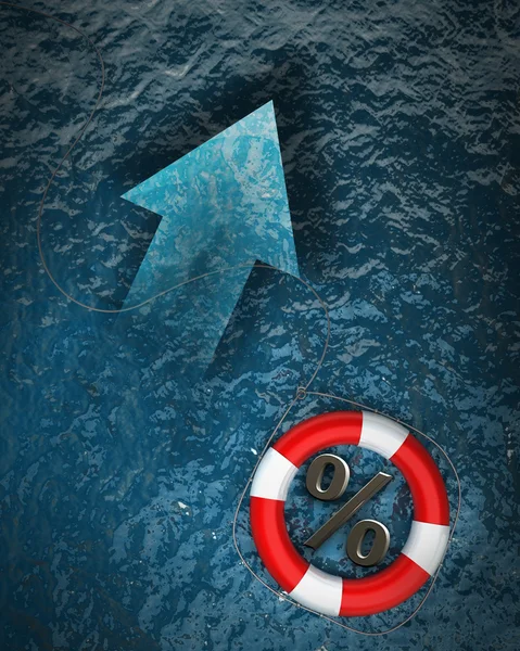 Concept Bouée de sauvetage rouge avec un symbole en pourcentage dans l'eau — Photo