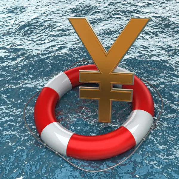 Concepto de negocio Boya de vida roja con un símbolo del yen japonés en el agua —  Fotos de Stock