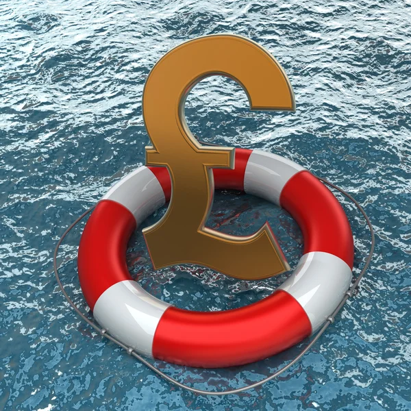 Business concept Red life buoy with a British pound symbol in the water — Stock Photo, Image