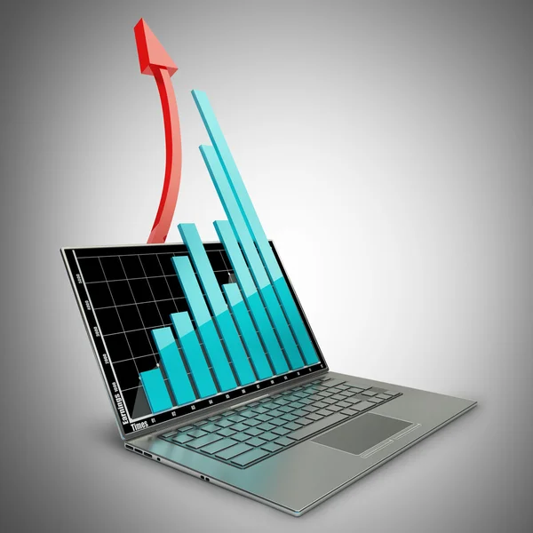 3D-laptop med diagram och röd pil — Stockfoto