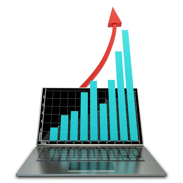 3D ноутбук с графиком и красной стрелкой — стоковое фото
