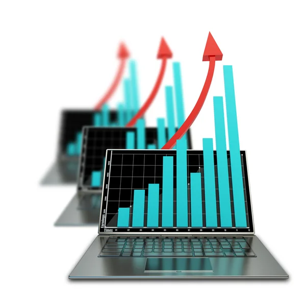 Tres portátiles con gráfico y flecha roja — Foto de Stock