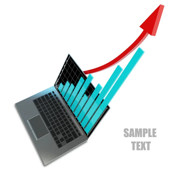 3D-Laptop mit Grafik und rotem Pfeil — Stockfoto