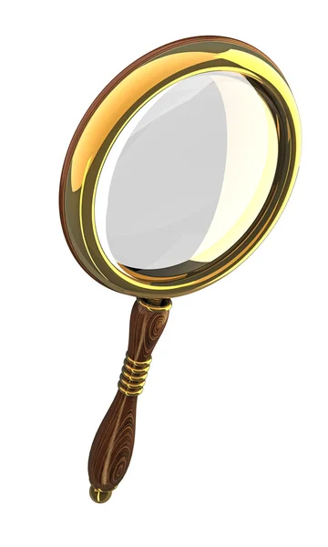 Golden magnifying glass isolated on white. — Stock Photo, Image