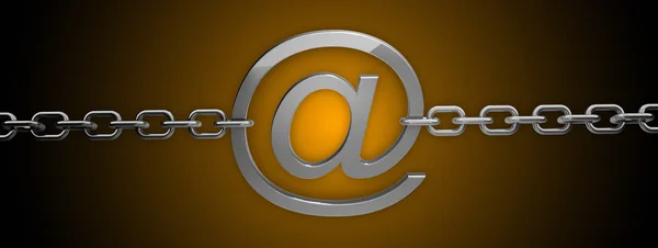 Silbernes E-Mail-Symbol mit Kette auf schwarz orange 3D — Stockfoto