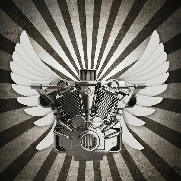 Chromed motorcycle engine with wings sepia toned vintage background. — Stock Photo, Image
