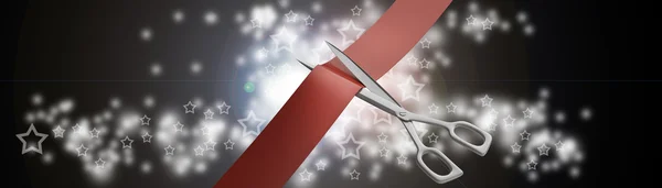Scissors cut the red ribbon closeup — Stock Photo, Image