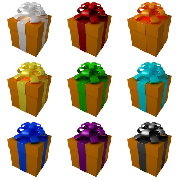 koleksiyon sarı hediye kutuları ile renkli şerit ve yay