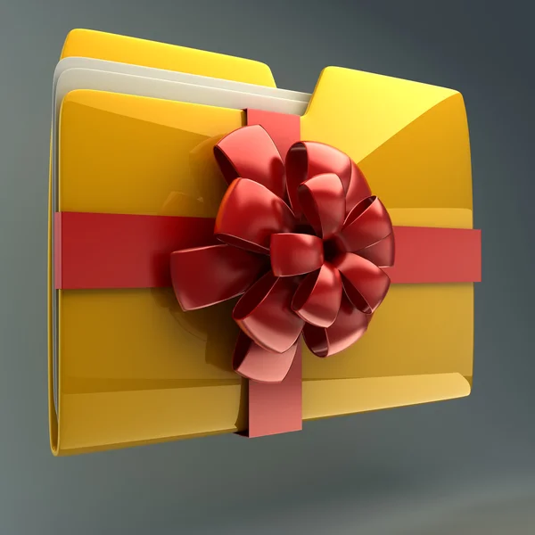 Yellow folder with red ribbon and bow icon — Stock Photo, Image