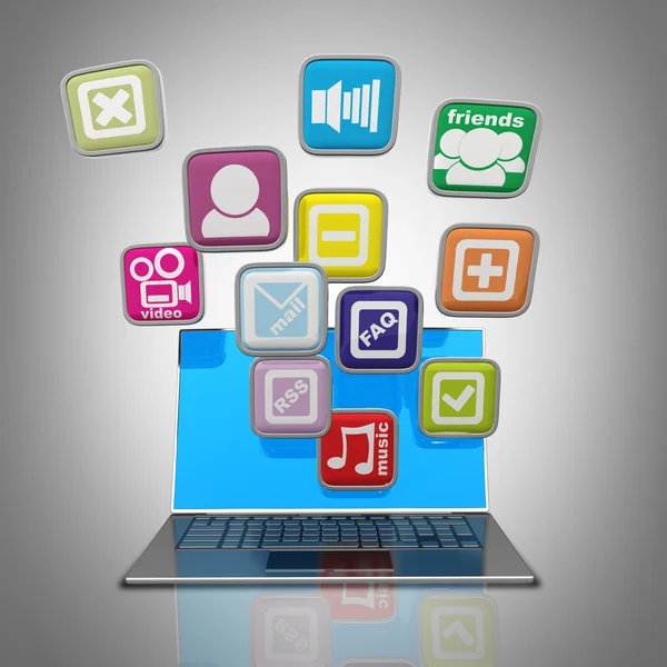 Computer mobility. laptop with application icons High resolution 3d render — Stock Photo, Image