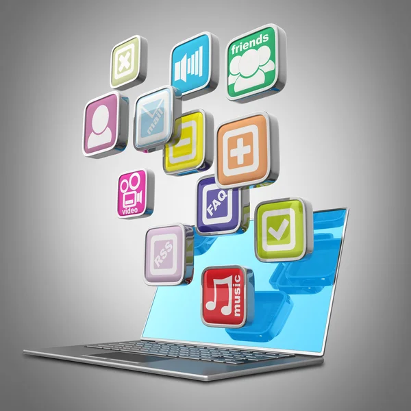 Computer mobility. laptop with application icons High resolution 3d render — Stock Photo, Image