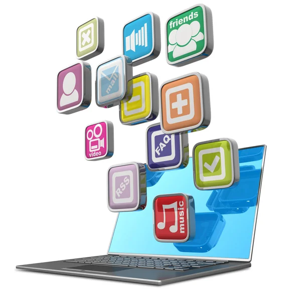 Computermobilität. Laptop mit farbigen Applikationssymbolen isoliert auf weißem Hintergrund hochauflösendes 3D-Rendering — Stockfoto