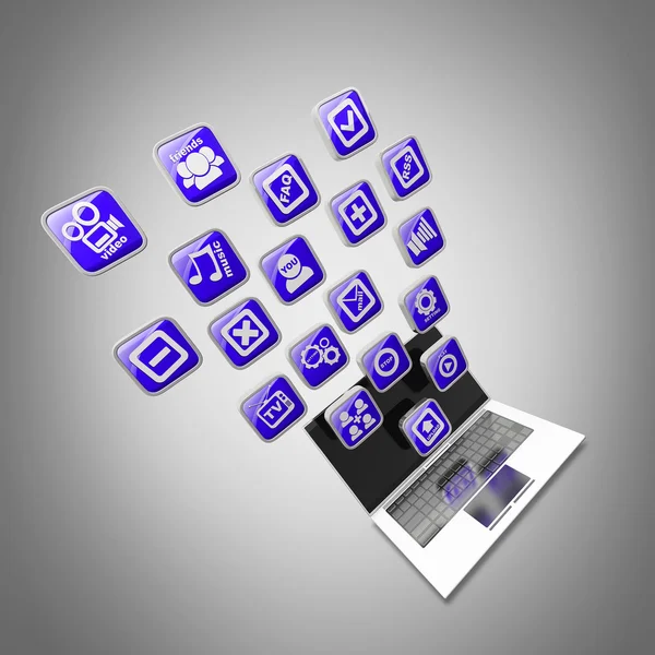 Computer mobility. laptop with application icons High resolution 3d render — Stock Photo, Image