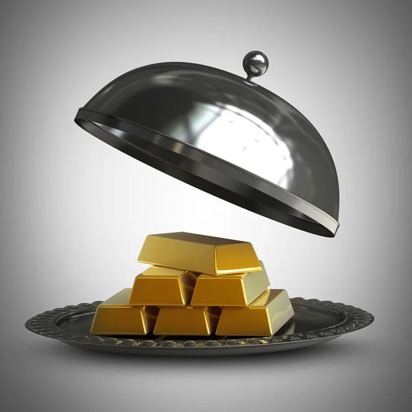 Ilustração 3d. bandeja de prata metal vazio aberto com barras de ouro de alta resolução 3d render — Fotografia de Stock