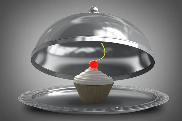 Open metal silver platter or cloche with cup-cake creme fraiche and cherry 3d render High resolution — Stock Photo, Image