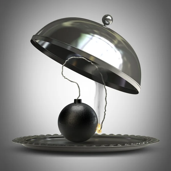 Bandeja de prata metal aberto ou cloche com bomba de canhão 3d render — Fotografia de Stock