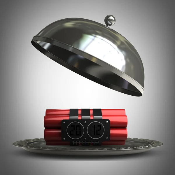 Open metal silver platter or cloche with Explosives alarm clock 3d render — Stock Photo, Image