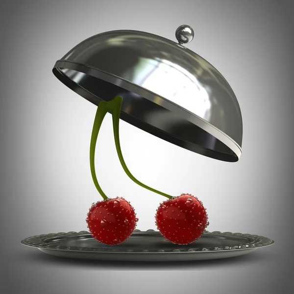 Open metal silver platter or cloche with pair of cherries 3d render — Stock Photo, Image