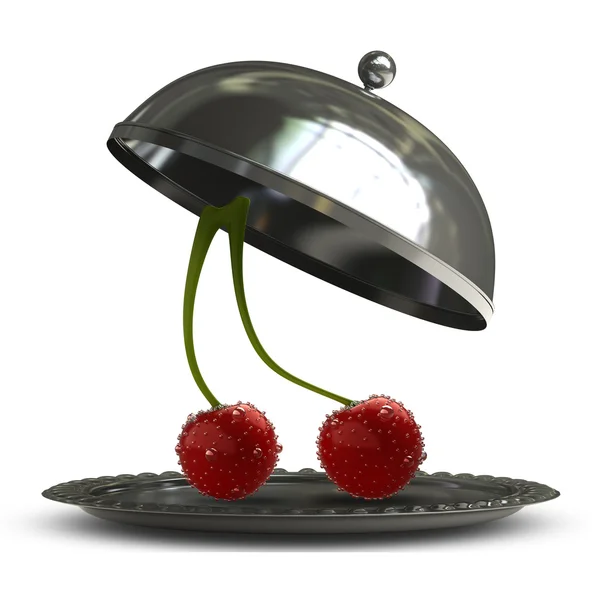 Open empty metal silver platter or cloche with pair of cherries isolated on white background 3d render — Stock Photo, Image