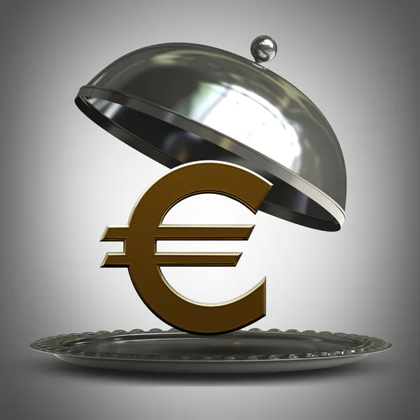 Open metal silver platter or cloche with euro symbol 3d render — Stock Photo, Image