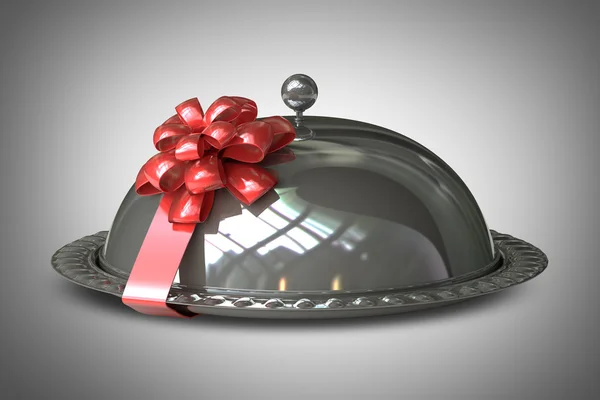 Restaurant cloche with Red gift ribbon bow High resolution 3d render — Stock Photo, Image