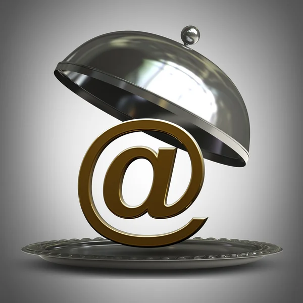 Open metal silver platter or cloche with mail symbol 3d render — Stock Photo, Image