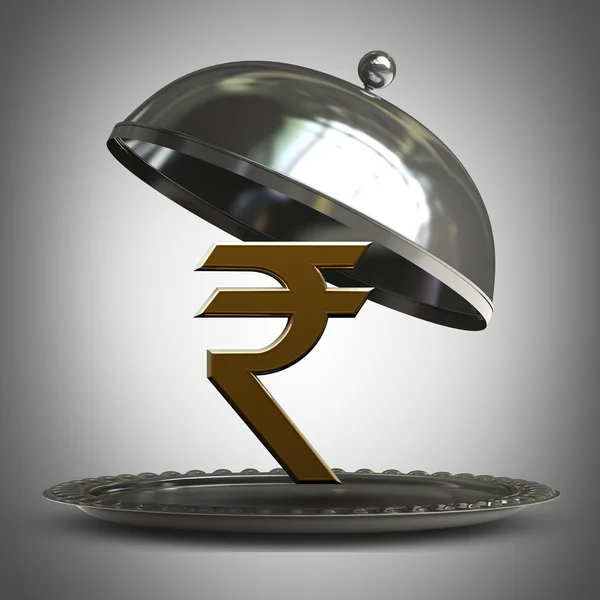 Öppna metall silverfat eller cloche med indiska rupier symbol 3d render — Stockfoto