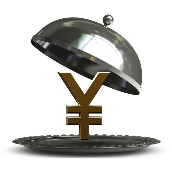 Open lege metalen zilveren schotel of cloche met Japanse yen symbool op witte achtergrond 3d render geïsoleerd — Stockfoto