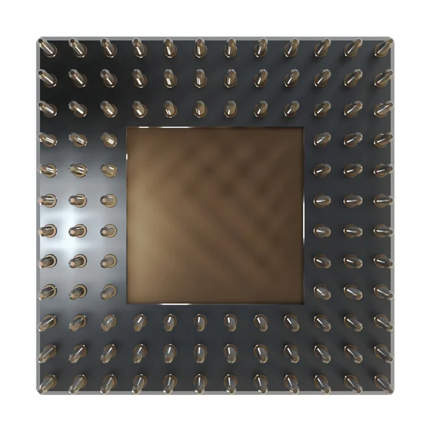 arka yüzüne izole beyaz zemin üzerine altın pimleri ile işlemci kartı.