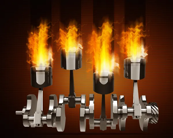 Engine pistons and cog in Fire — Stock Photo, Image