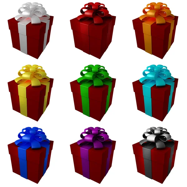 Collezione scatole regalo rosse con nastro a colori e fiocchi — Foto Stock