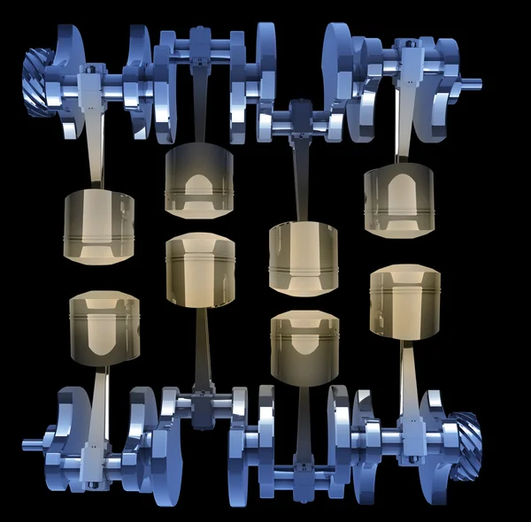 Pistoni motore e ingranaggio isolato su sfondo nero illustrazione 3d . — Foto Stock