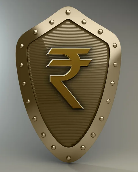 インドのインドルピー記号と金色の盾 — ストック写真