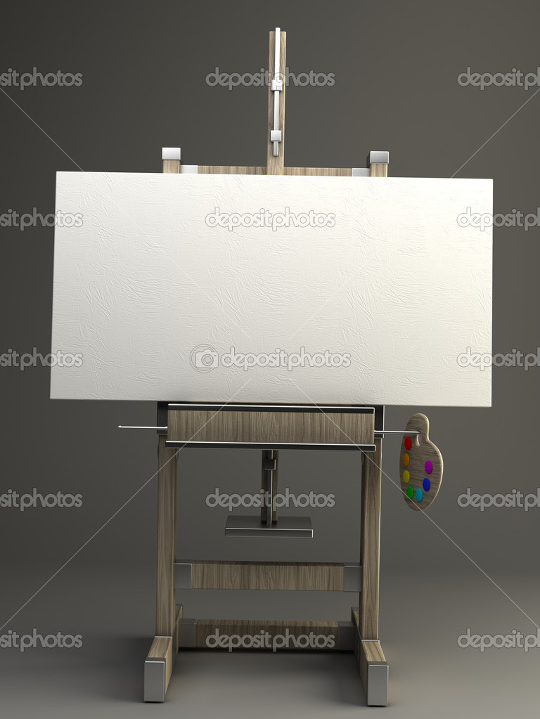wooden easel with blank canvas 3d render