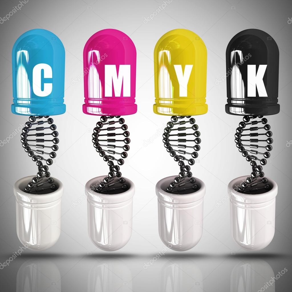 CMYK Concept capsule and molecule DNA structure high resolution 3d illustration