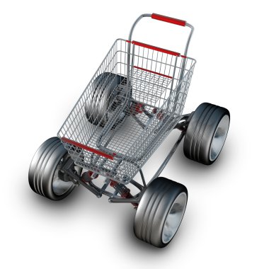 kavram. Beyaz arka plan üzerinde yüksek çözünürlükte 3d render izole büyük araba tekerleği ile alışveriş sepeti