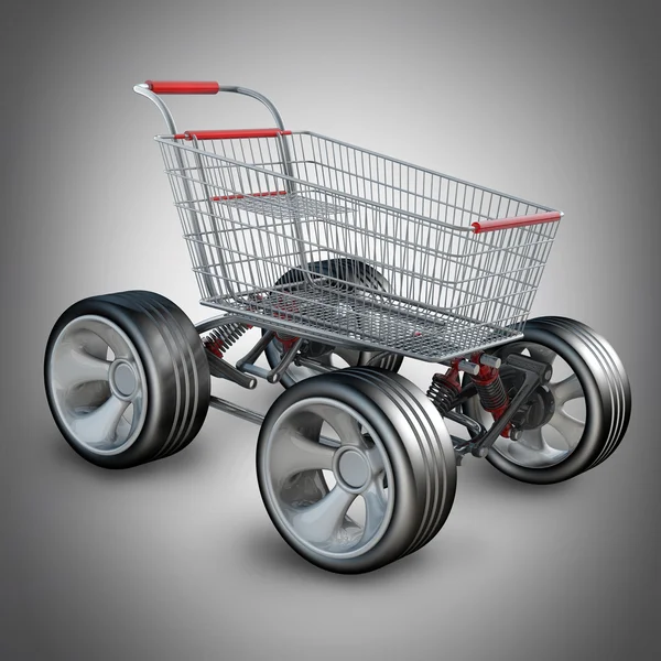 Conceito. carrinho de compras com roda de carro grande alta resolução 3d render — Fotografia de Stock