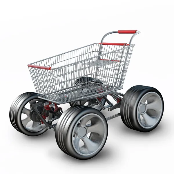 Concepto. carrito de compras con rueda de coche grande aislado sobre fondo blanco de alta resolución 3d render —  Fotos de Stock