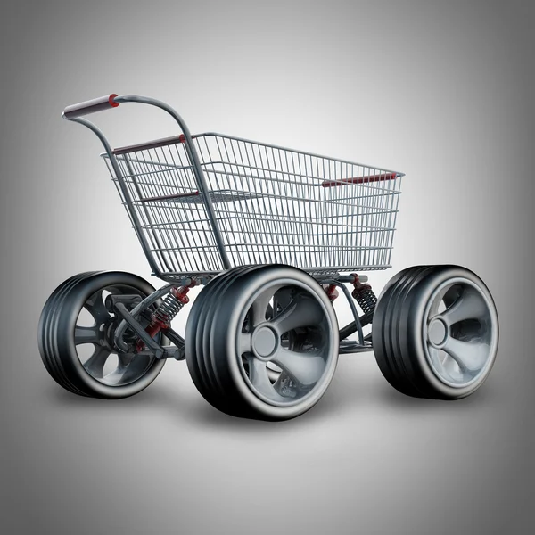 Kavram. büyük araba tekerlek yüksek çözünürlükte 3d render ile alışveriş sepeti — Stok fotoğraf