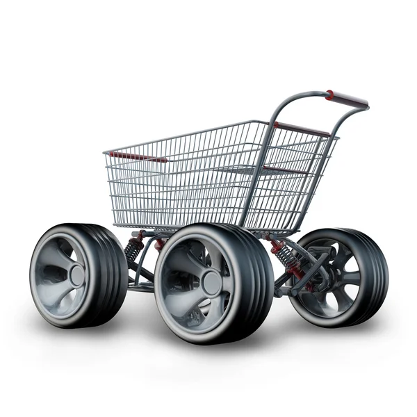 Concepto. carrito de compras con rueda de coche grande aislado sobre fondo blanco de alta resolución 3d render —  Fotos de Stock