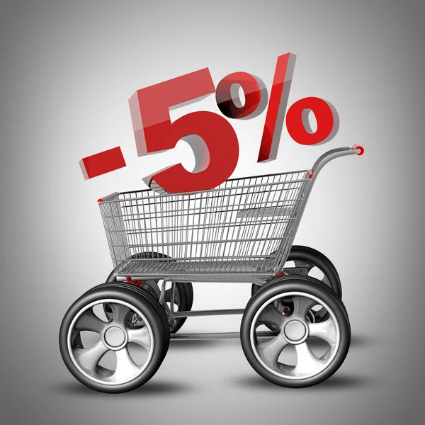 Концепція SALE знижка 5%. кошик з великим автомобільним колесом Висока роздільна здатність 3d рендерингу — стокове фото