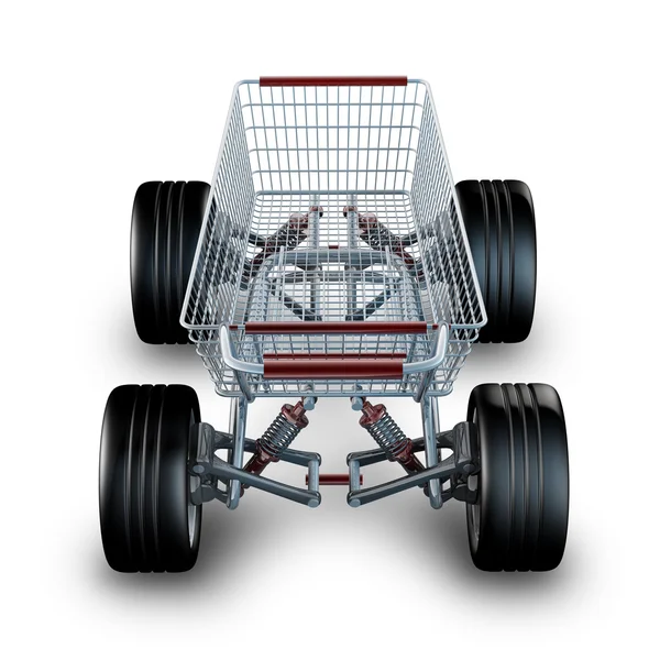 Conceito. carrinho de compras com roda de carro grande isolado no fundo branco alta resolução 3d render — Fotografia de Stock